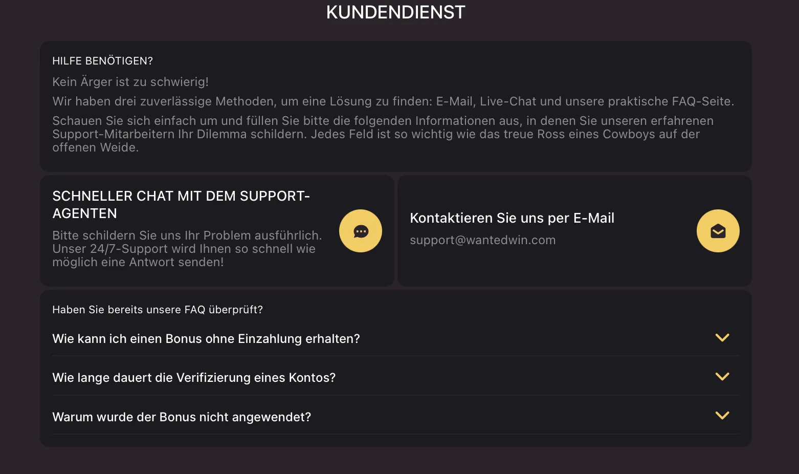 Wanted Win Casino Kundensupport