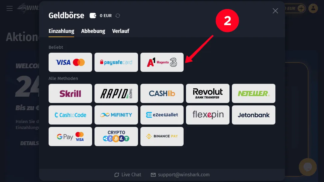 Auswahl einer A1-Zahlungsmethode auf der Winshark-Einzahlungsregisterkarte