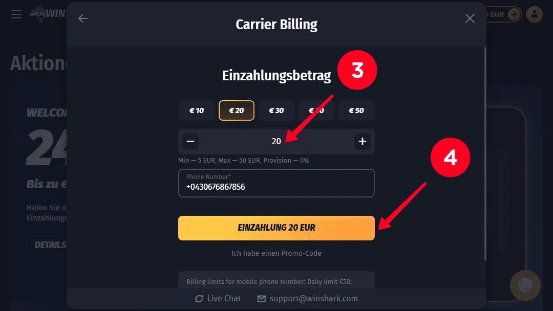 Einrichten einer A1-Zahlung in Winshark Casino