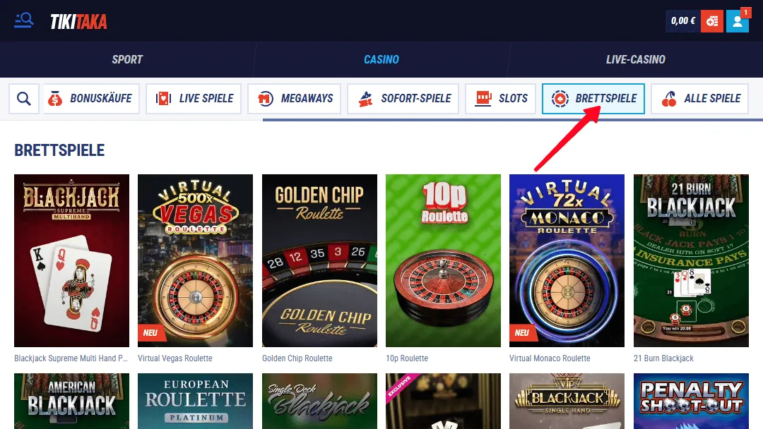 Hervorgehobener Tischspielbereich im TikiTaka ionline Casino