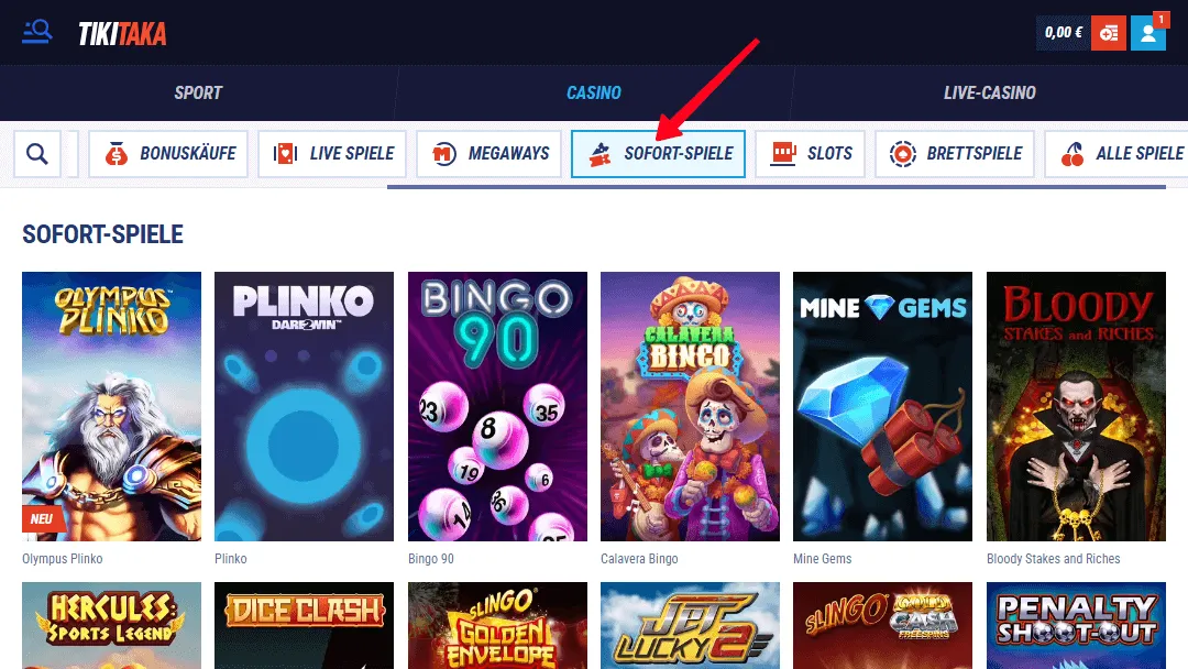 Hervorhebung des Sofortspielbereichs im Online Casino Katalog