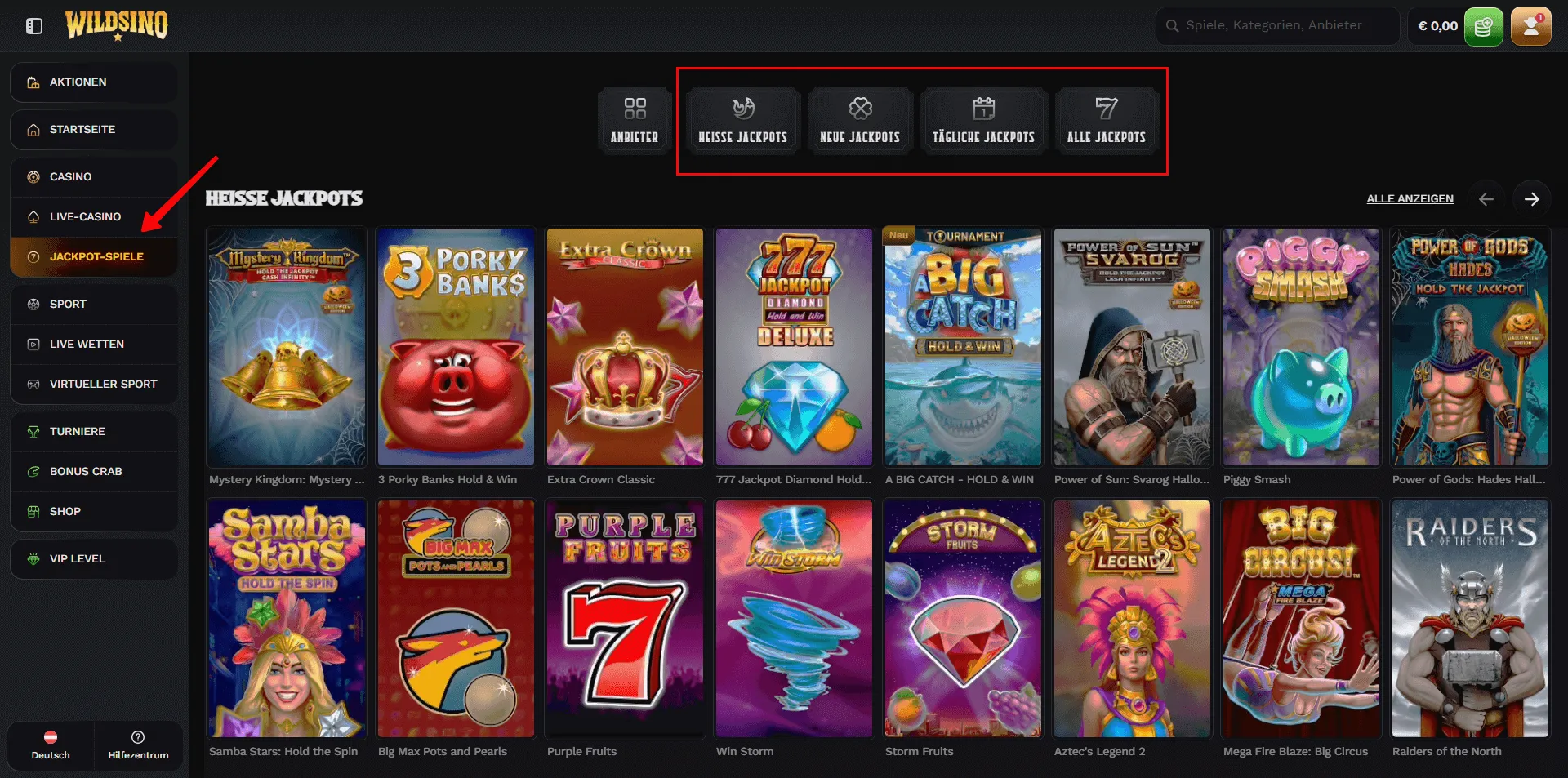 Hervorgehobene Jackpot-Rubrik und Unterrubriken im Online-Casino