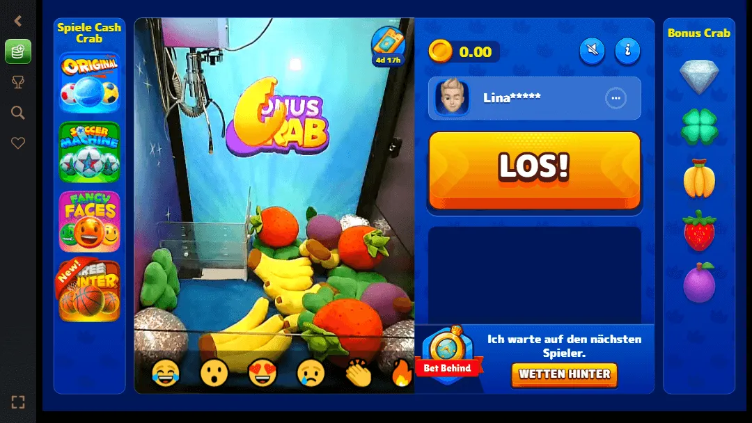 Das Interface des Bonus-Krabben-Spiels der Online-Casino-Website