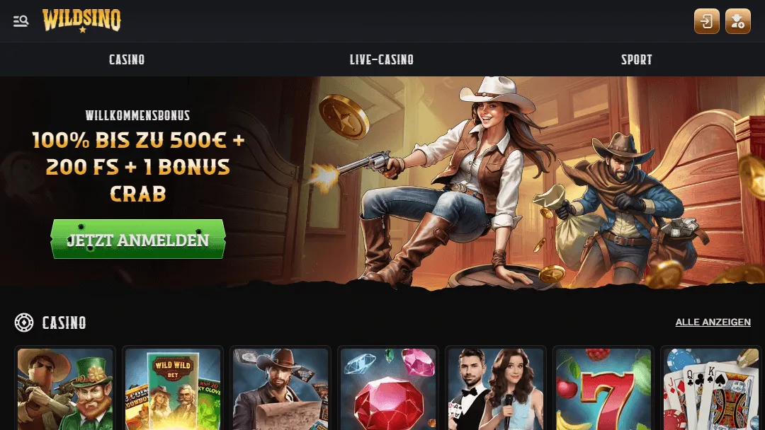 Willkommensbonus-Banner und Casino-Spielkatalog auf der Wildsino-Website