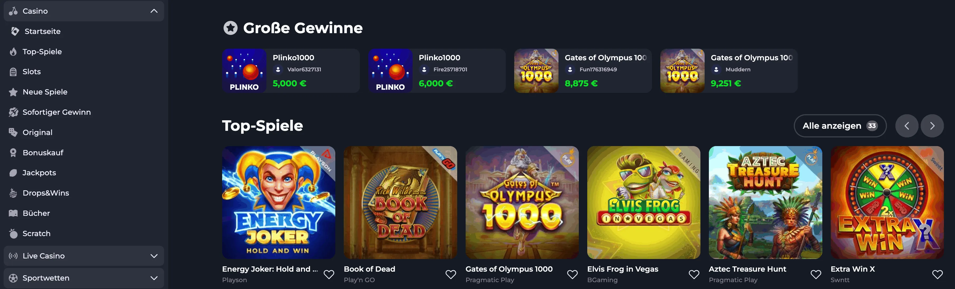 Top-Spiele im Spielkatalog auf der FelixSpin Casino-Website.