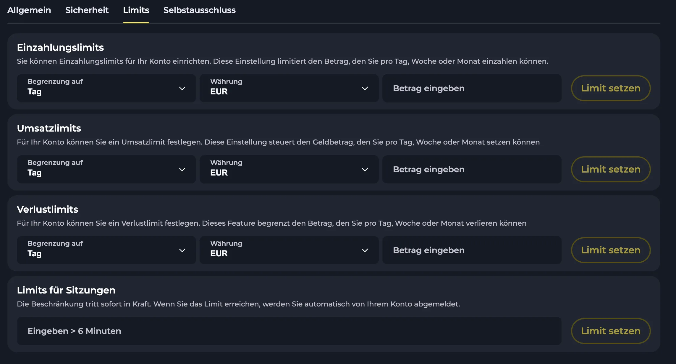 Einstellungen zur Selbstbeschränkung bei Felixspin für verantwortungsbewusstes Spielen.