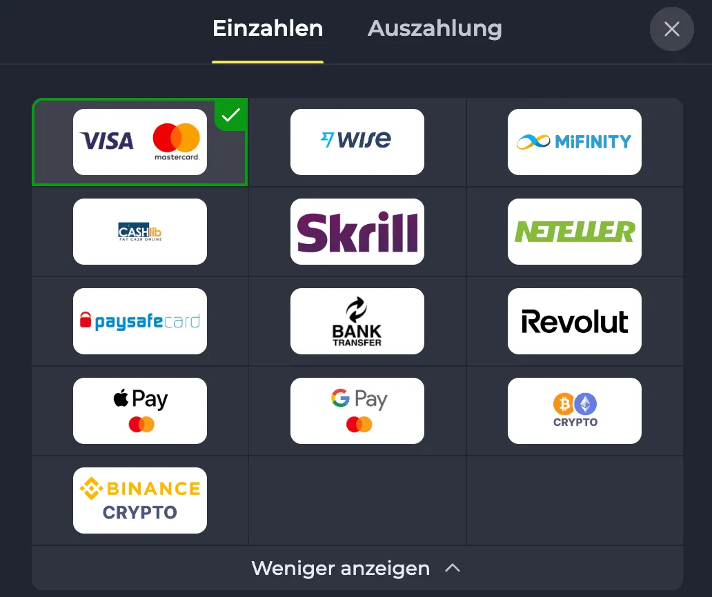 Das Fenster zur Auswahl einer Einzahlungsmethode im Felixspin Casino
