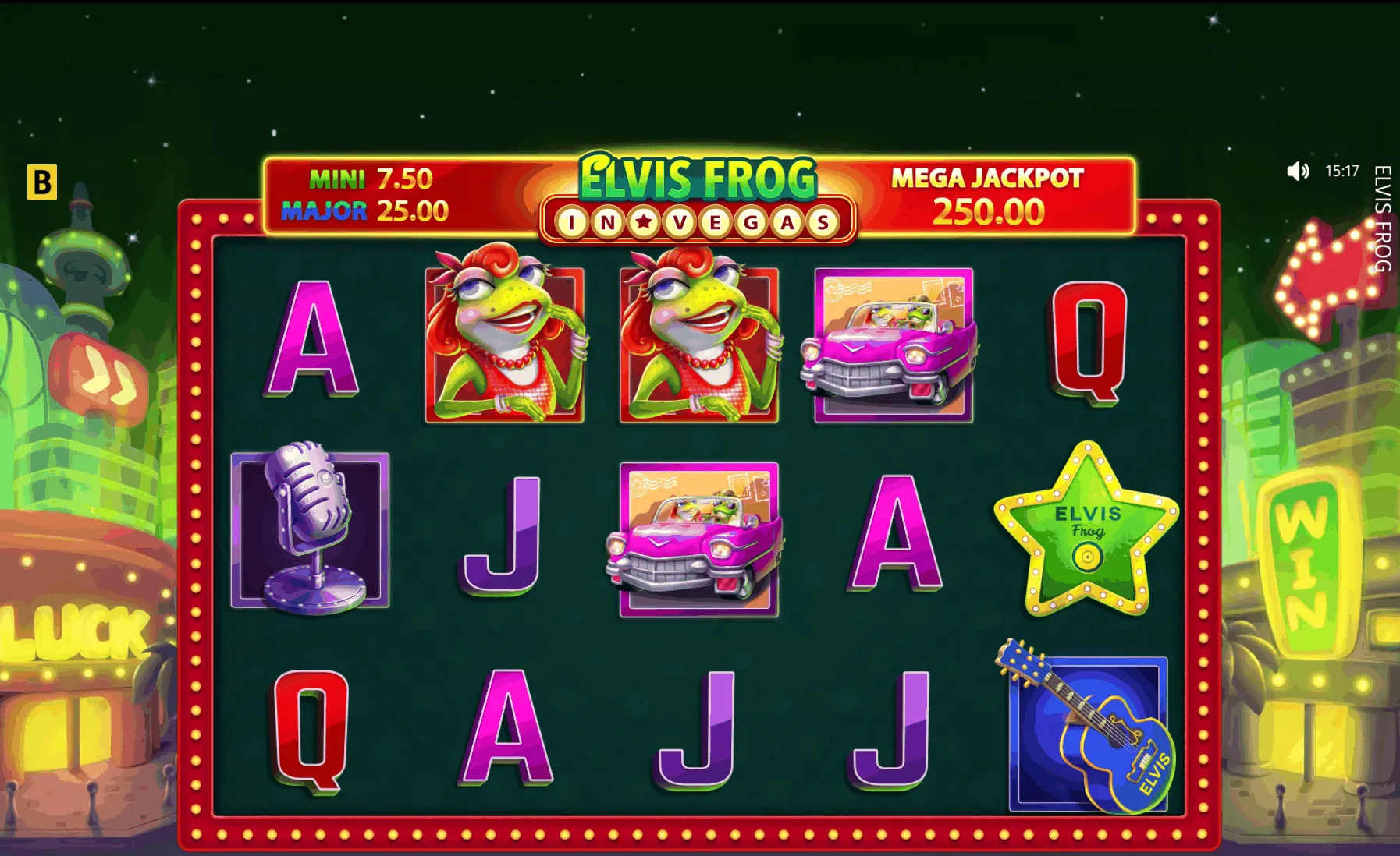 Die Walzen und Reihen des Slots Elvis Frog in Vegas von BGaming