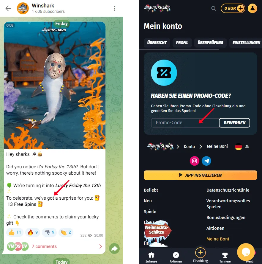 Telegram-Beitrag mit No Deposit Bonus im Winshark Casino und dem Bereich für Promo-Codes in den Kontoeinstellungen