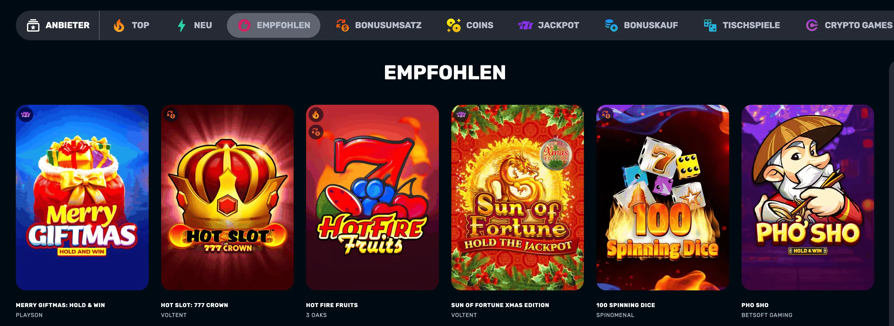 Empfohlen Menü im Rocketplay Casino