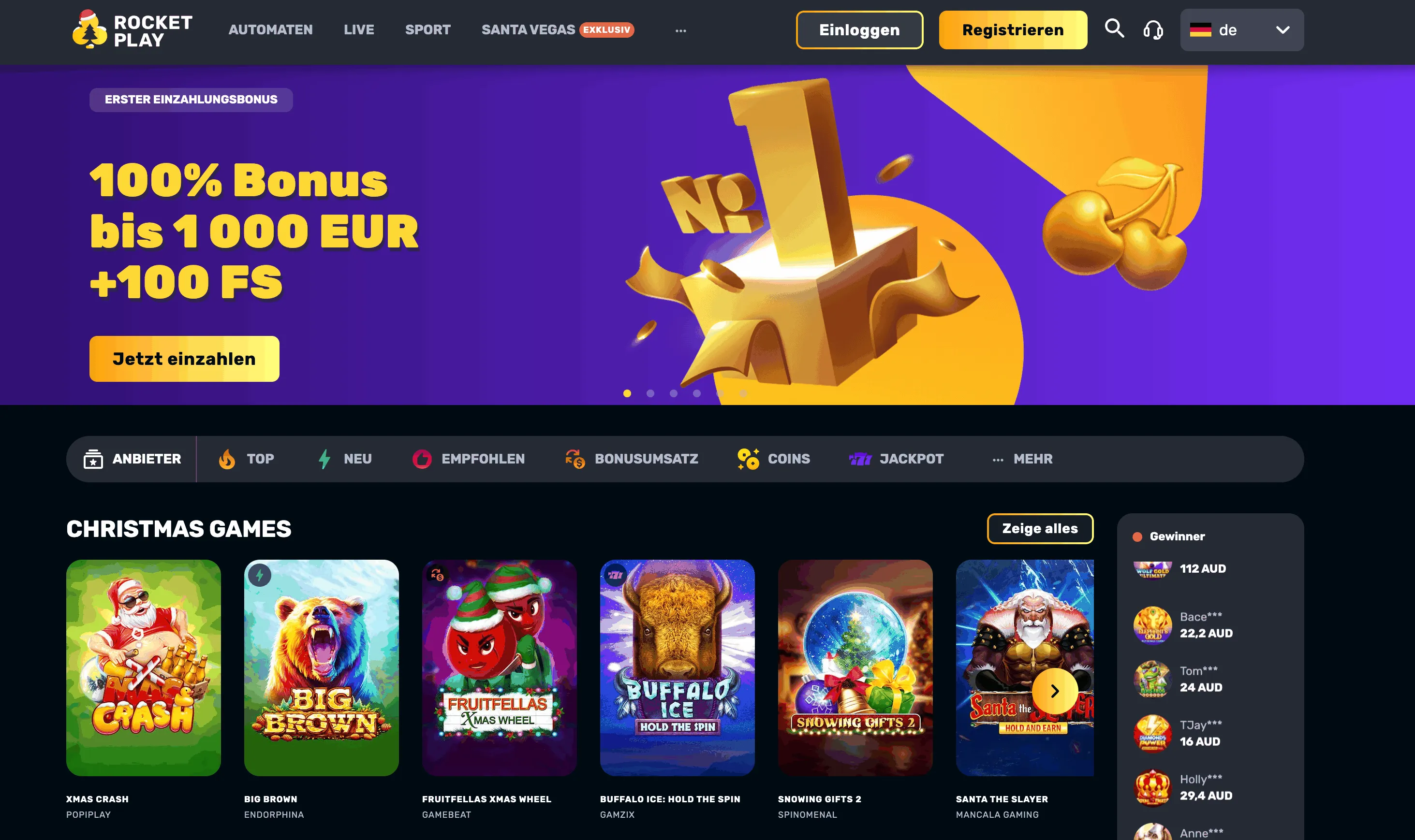 Willkommens Bonusbanner und Weihnachts-Spielangebot im Rocketplay Casino