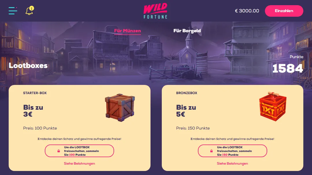 Tab für Münzkäufe im Wild Fortune Casino Wild Fortune Münzkauf-Tab