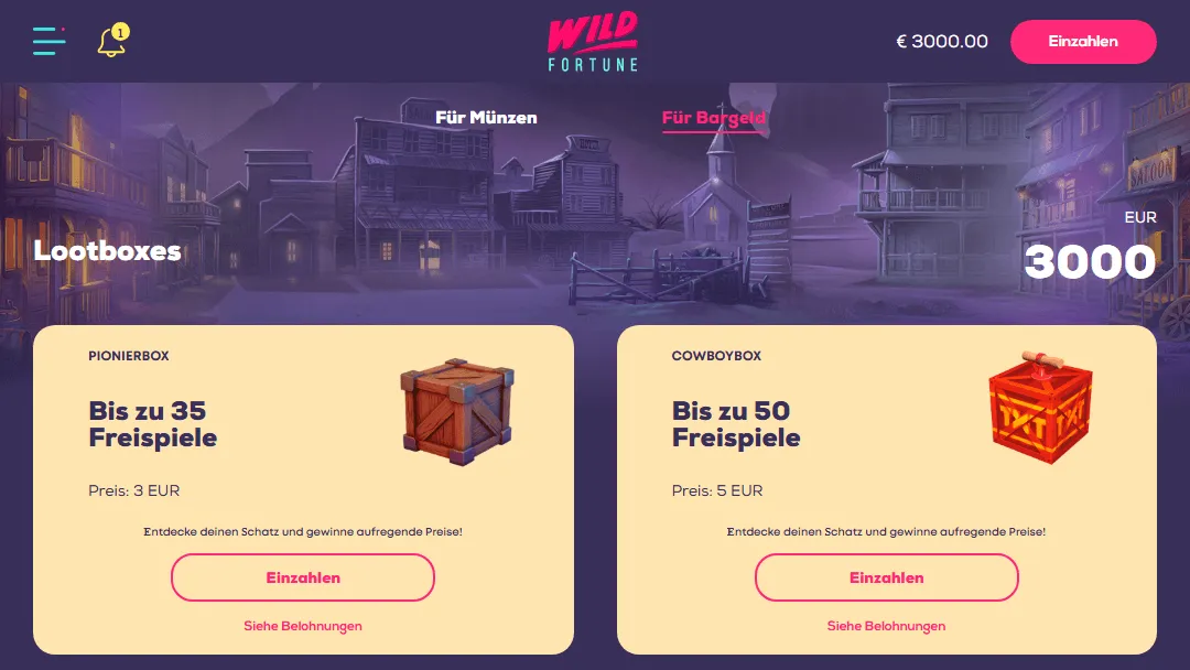 Tab für Echtgeldkäufe im Wild Fortune Casino Wild Fortune Echtgeld-Kauf-Tab