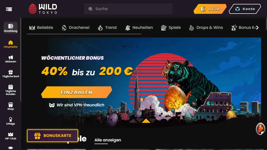 Wild Tokyo Willkommensbonus-Banner auf der Startseite Wild Tokyo Casino Willkommensbonus-Banner