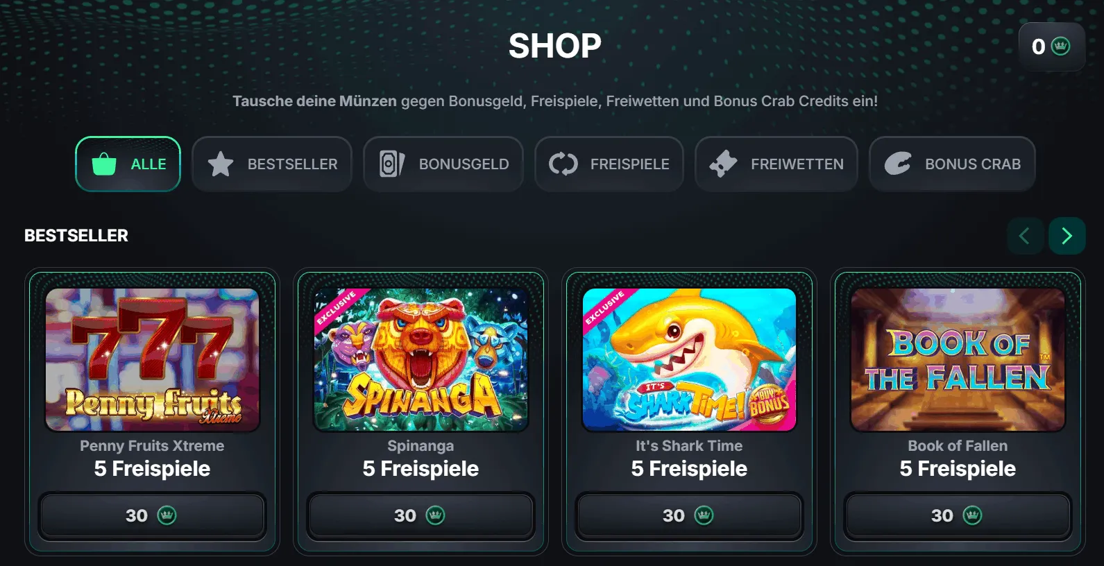 Kinbet Shop: Bestseller-Freispiele gegen Münzen eintauschen Shop-Ansicht im Kinbet Casino mit beliebten Spielen, für die je 5 Freispiele à 30 Münzen erhältlich sind