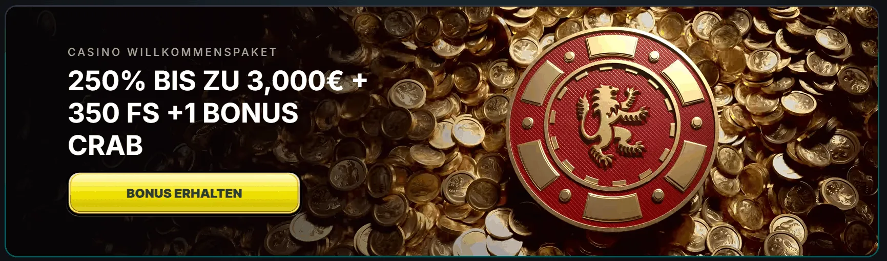 Kinbet Willkommenspaket mit Bonusangebot Werbegrafik für das Kinbet Casino Willkommenspaket mit 250 % Bonus bis zu 3.000 €, 350 Freispielen und 1 Bonus Crab auf goldenen Münzen