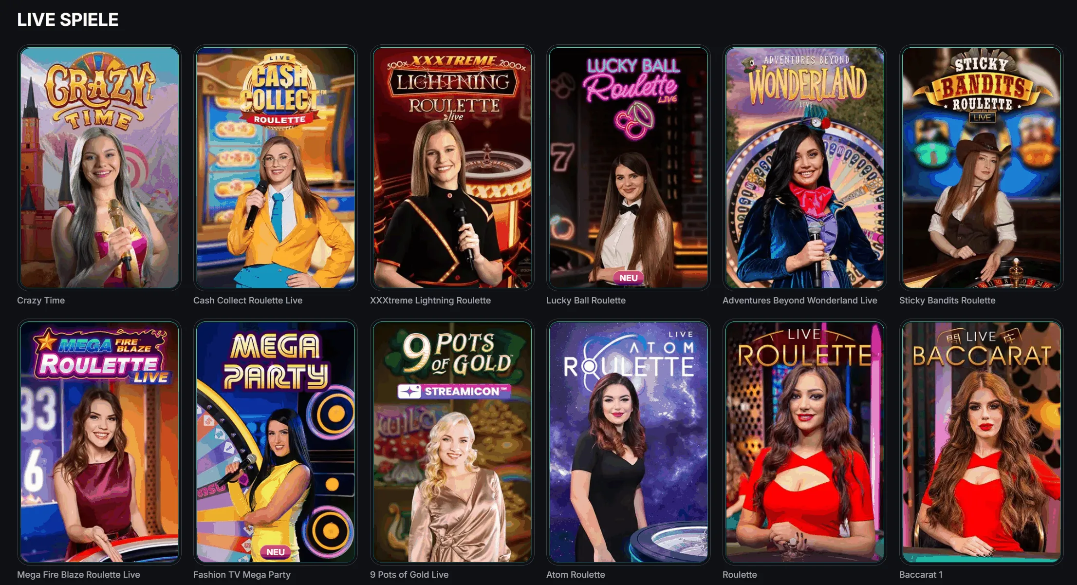 Übersicht der Live Spiele im Online Casino Verschiedene Live-Spiele wie Crazy Time, Lightning Roulette, Mega Party und Baccarat mit realen Moderatoren im Online Casino