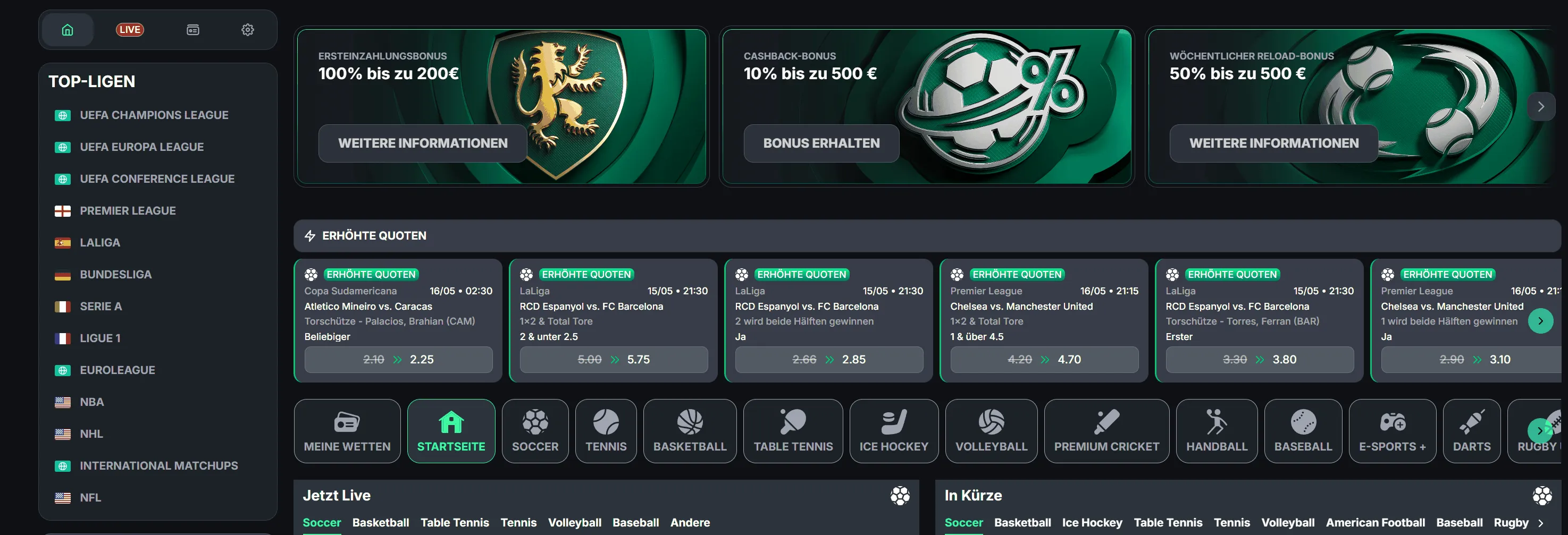 Sportwettenplattform mit Boni und erhöhten Quoten Übersicht einer Sportwettenplattform mit Willkommensbonus, Reload-Bonus und hervorgehobenen Quoten