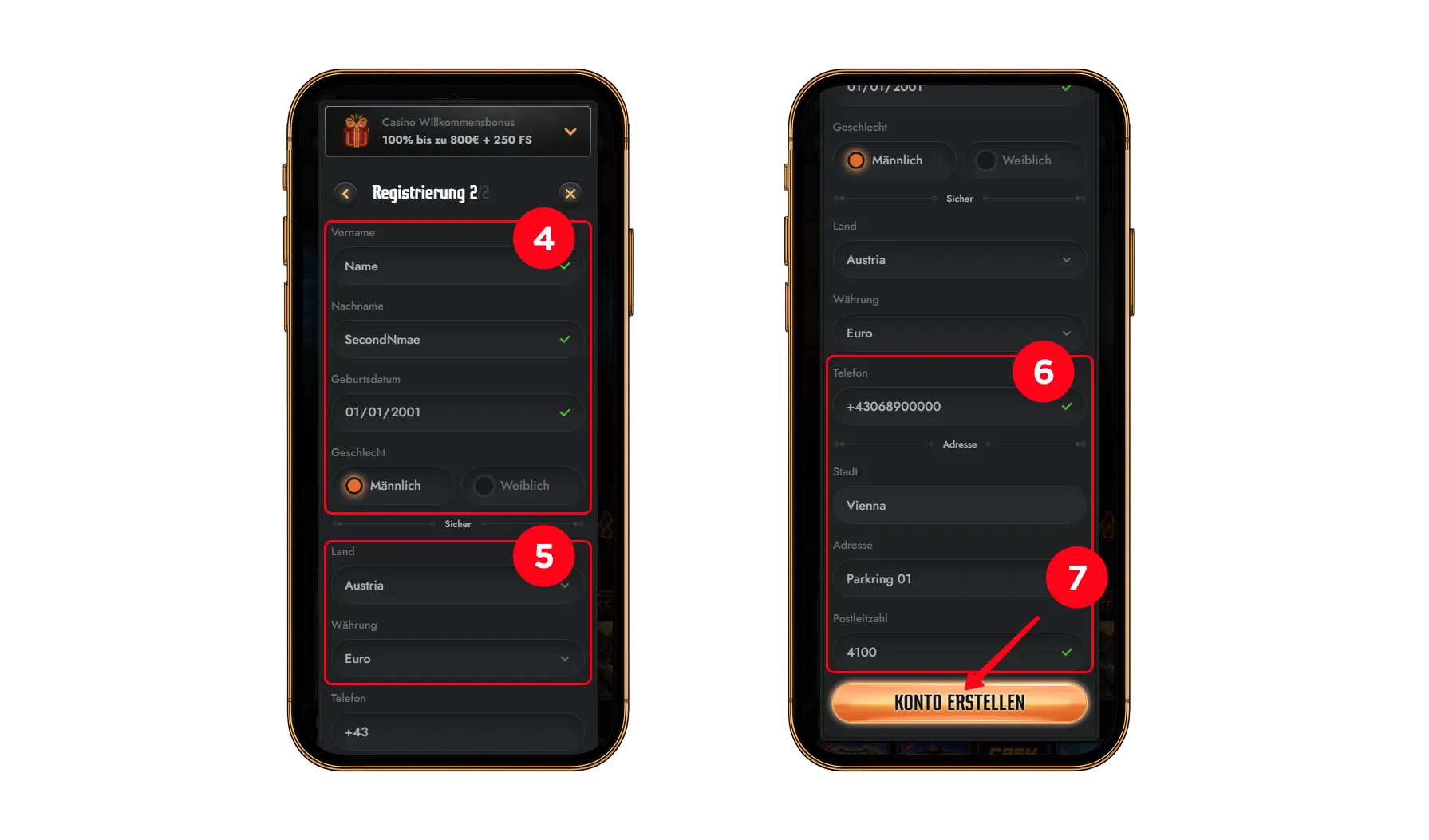 Persönliche Daten für Casino Registrierung eingeben Mobile Ansicht des Formulars zur Eingabe persönlicher Daten für die Kontoerstellung im Online Casino