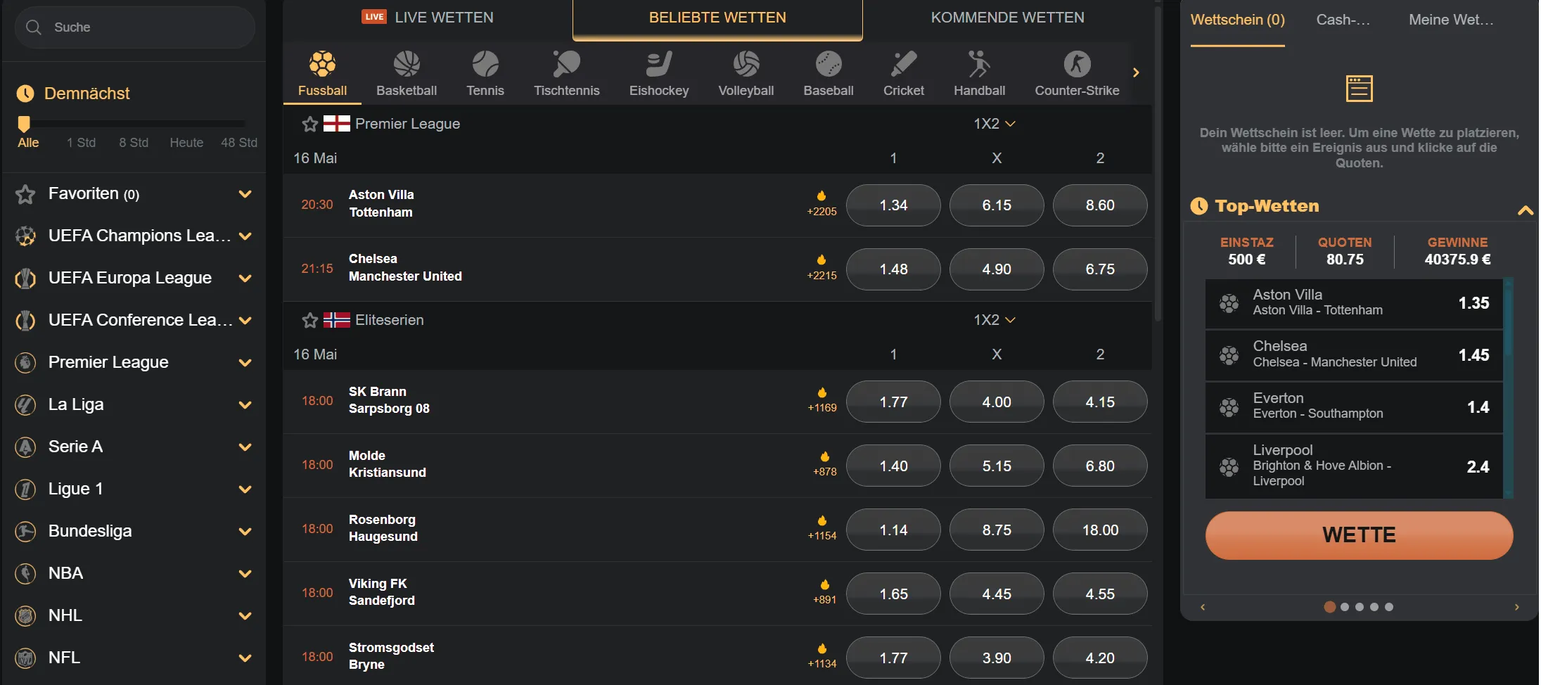 Übersicht zu beliebten Sportwetten und Quoten Anzeige aktueller Sportwetten mit Quoten und Einsatzoptionen für Fußballspiele sowie leerem Wettschein und Top-Wettenliste.