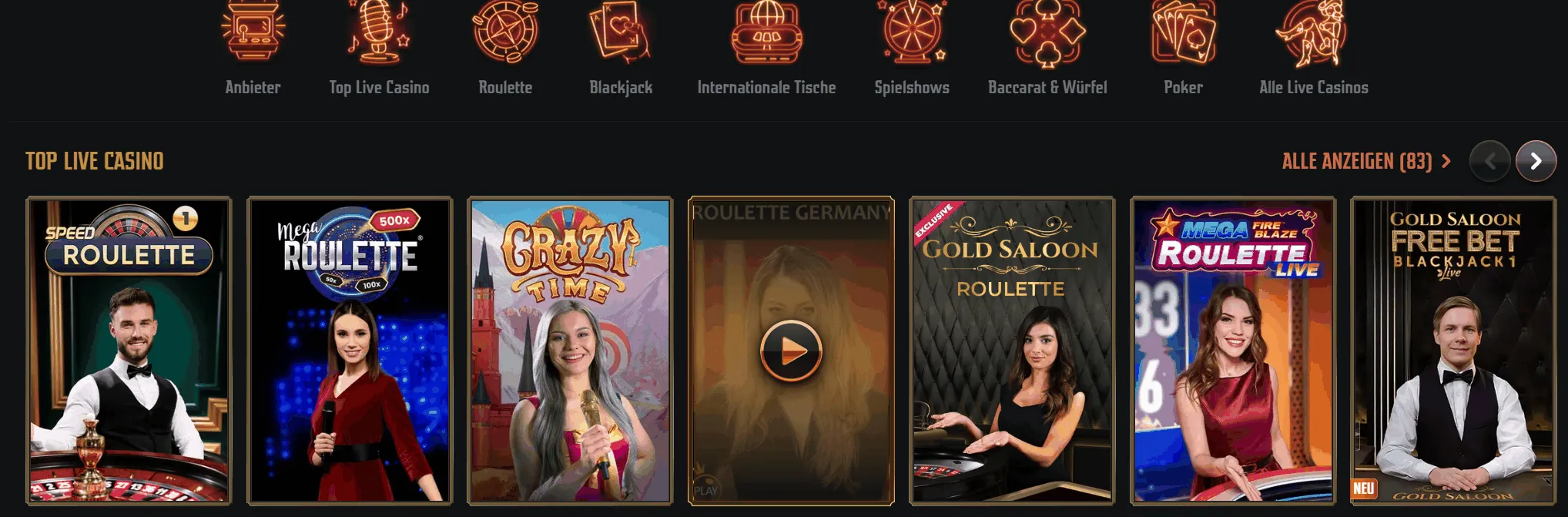Top Live Casino Spiele bei Gransino Auswahl beliebter Live Casino Spiele bei Gransino, darunter Speed Roulette, Mega Roulette und Gold Saloon Blackjack